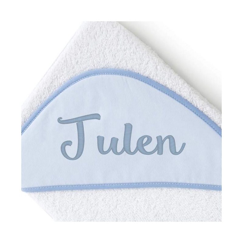 Capa de baño personalizada con nombre del bebé en color azul